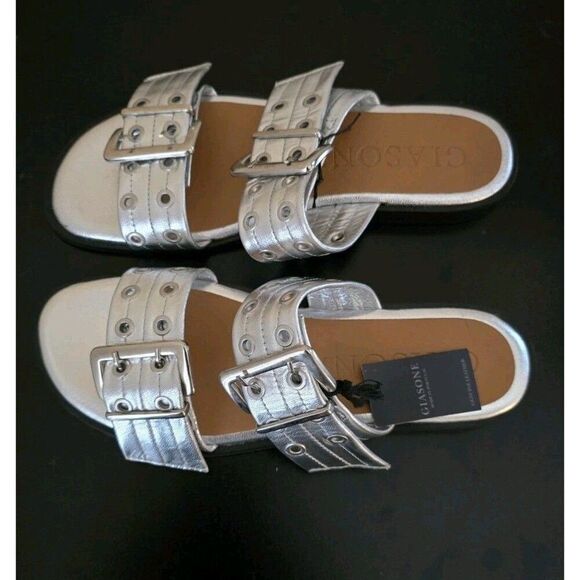Giason Leather Double Strap Sandals Size 9 Silver Buckles Slip-on New - Picture 7 of 7